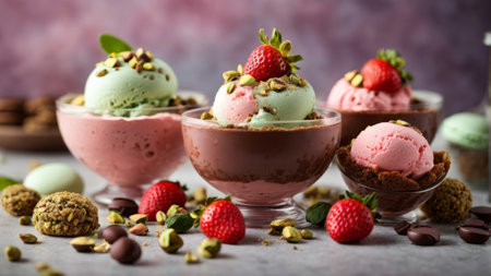 Chocolate ice cream with strawberries and pistachios in glass bowlsの素材