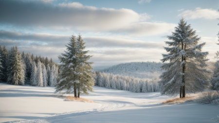 Snowy winter landscape with coniferous forest in the background.の素材