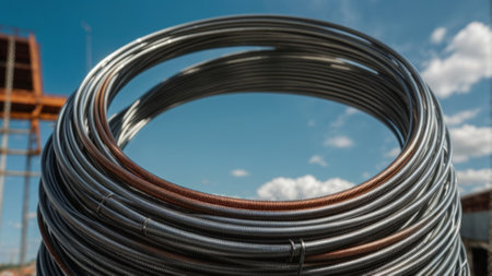 Roll of steel wire on the background of the construction site with blue skyの素材