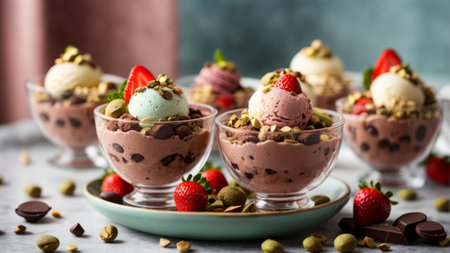 Chocolate ice cream with strawberries and pistachios in glass bowlsの素材