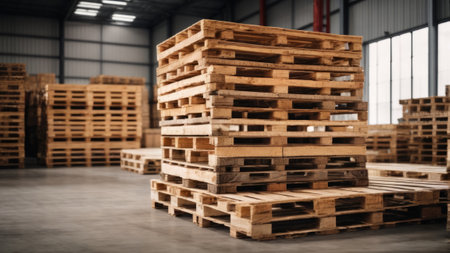 Wooden pallets in warehouse. Industrial background. Selective focus.の素材