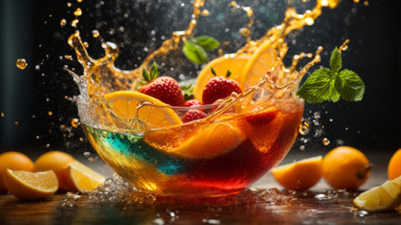Strawberry and orange in a glass bowl with splashes of water on a black backgroundの素材