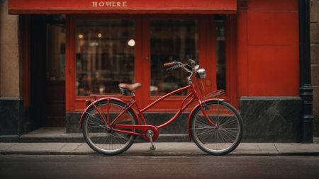 Red bicycle in front of a shop in London, UK. Selective focus.の素材