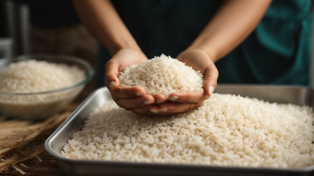 Woman holding bowl with uncooked rice, closeup. Healthy foodの素材