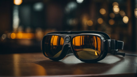 Sunglasses on a wooden table in a cafe, close-upの素材
