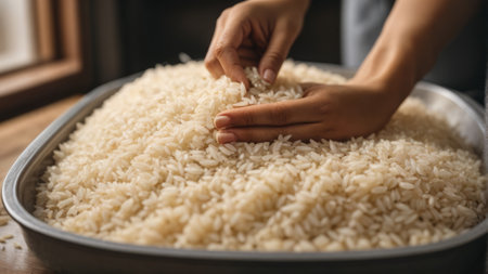 Woman holding bowl with uncooked rice, closeup. Cooking processの素材