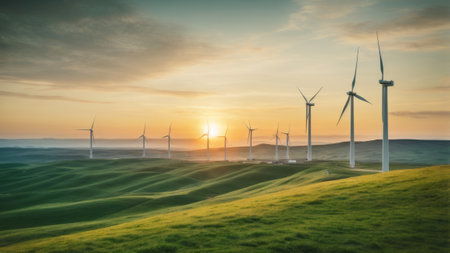 Wind turbines on a green field at sunset. Alternative energy source.の素材