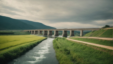 Bridge over the river in the middle of the field with cloudy skyの素材