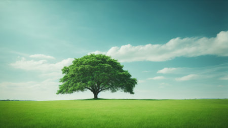 Green tree on green meadow with blue sky background, nature conceptの素材