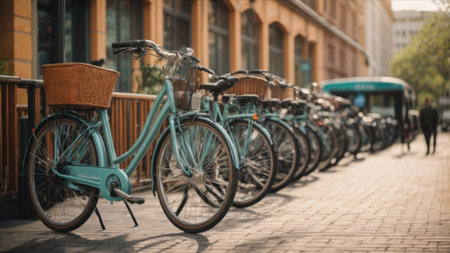 Bicycles parked in a row on the street of the cityの素材