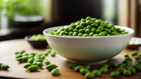 Green soybeans in a bowl on a wooden table, closeupの素材