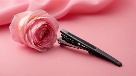 Hair curler and pink rose on pink background. Shallow dof.の素材