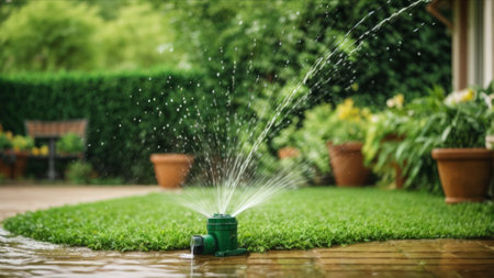 Garden sprinkler watering green grass with water drops. Gardening concept.の素材