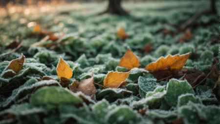 Frozen leaves on the ground in the winter forest. Selective focus.の素材