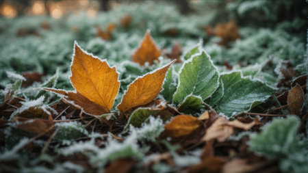 Frosted autumn leaves on the ground in the forest. Autumn backgroundの素材