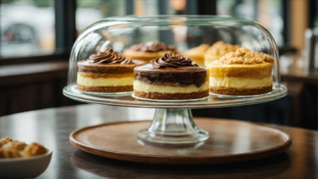 Tasty cakes in a glass cup on the table in cafe.の素材