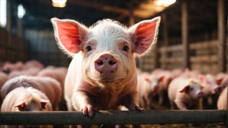 Portrait of a pig in a pen on a farm. Selective focus.の素材