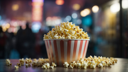 Popcorn in a bucket on the background of the night city.の素材