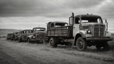 Abandoned trucks in the countryside. Black and white image.の素材