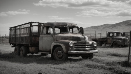 Old rusty truck in a rural landscape. Black and white photo.の素材