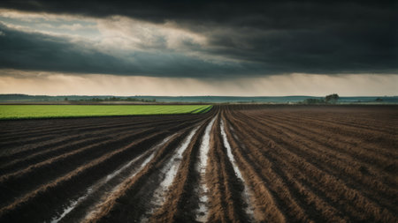 Panoramic view of a plowed agricultural field under a stormy skyの素材
