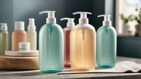 Set of cosmetic bottles with dispenser on table in bathroom, closeupの素材