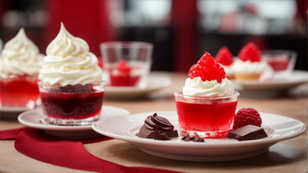 Red velvet jelly dessert with whipped cream and fresh raspberries.の素材