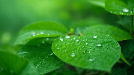 Green leaves with rain drops in the morning. Beautiful nature background.の素材