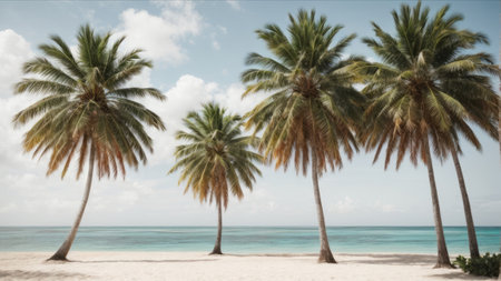 Palm trees on a tropical beach with blue sky and white cloudsの素材