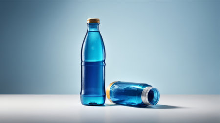 Plastic bottle of water on blue background. 3D rendering.の素材