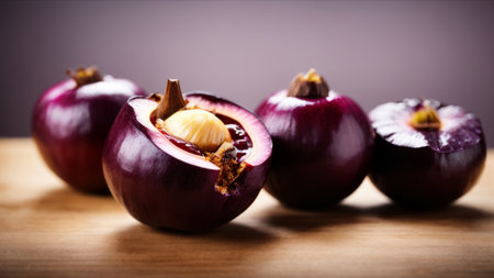 Purple apples on a wooden table. Shallow depth of field.の素材