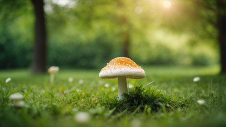 Amanita muscaria mushroom on green grass in the parkの素材