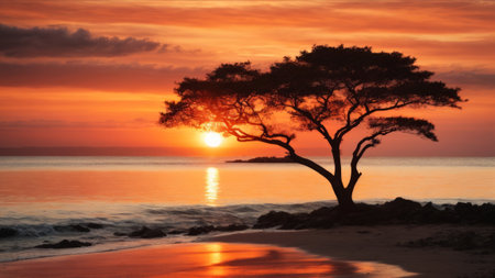 Sunset on the beach with a tree in the foreground and the sea in the backgroundの素材