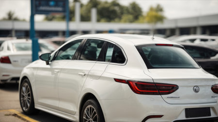 Cars parked in the parking lot of a car dealership, blurred backgroundの素材
