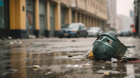 Abandoned gas mask lying on the street. Pollution concept.の素材