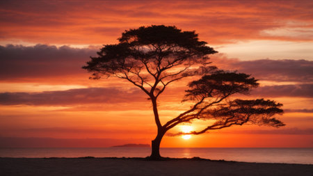 Silhouette of a tree at sunset on the beach in Australiaの素材