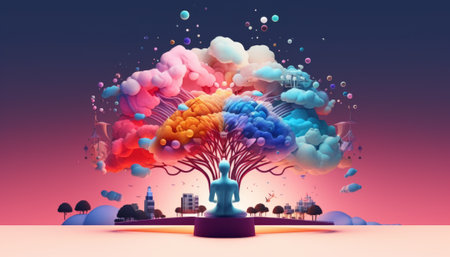 3d illustration of abstract tree with colorful clouds in the sky.の素材