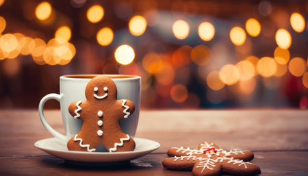 Cup of coffee with gingerbread man on bokeh backgroundの素材