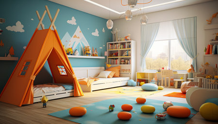 Children's room with a tent and toys. 3d rendering.の素材
