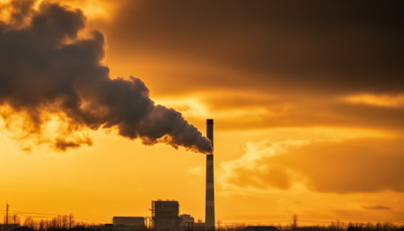 Air pollution from the chimney of a power plant at sunset.の素材