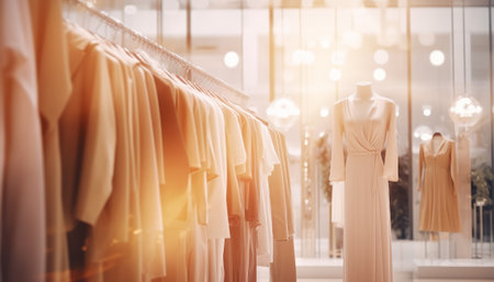 Clothing store interior with mannequins and dresses on hangersの素材