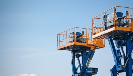 Crane against blue sky. Industrial background with copy space for textの素材
