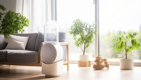 Modern air humidifier in the living room on the background of the windowの素材
