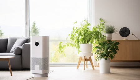 Modern air purifier in living room, closeup. Space for textの素材