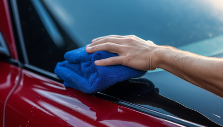 Man's hand with microfiber cloth cleaning a car window.の素材