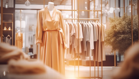 Fashion designer clothes on mannequin in showroom. Blurred backgroundの素材