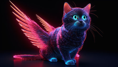 Cat with wings on a black background. 3D rendering. Neon light.の素材