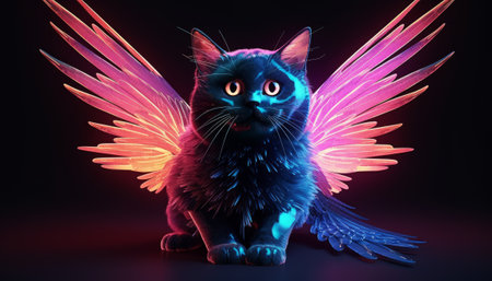 Cat with wings on a dark background. 3d rendering. Neon light.の素材