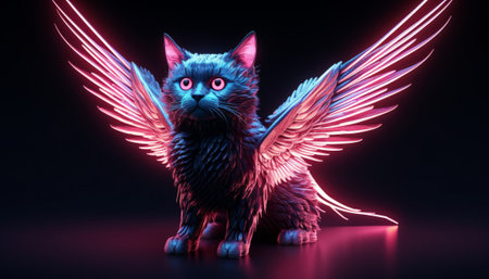 Cat with wings. 3D rendering. Neon blue and pink light.の素材