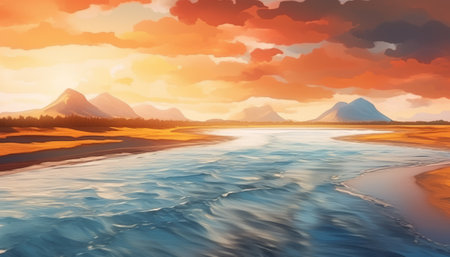 Beautiful sunset over the sea and mountains. 3d render illustrationの素材
